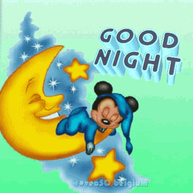 a cartoon of mickey mouse sleeping on the moon with the words good night