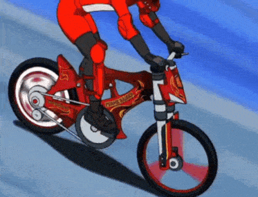 a cartoon character is riding a bicycle with the number 55 on the front