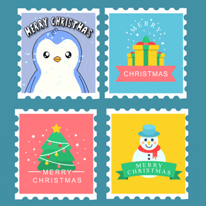 a set of four merry christmas stamps with a penguin christmas tree and snowman