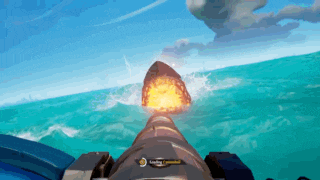 a video game shows a cannon firing a bullet in the ocean