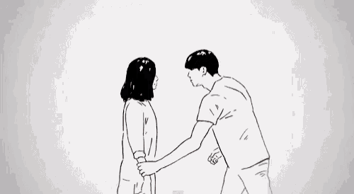 a man and a woman are hugging each other in a drawing .