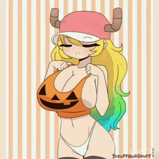 a cartoon drawing of a girl with a pumpkin on her top
