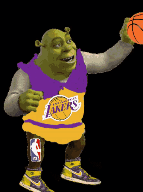 shrek wearing a lakers jersey and holding a basketball