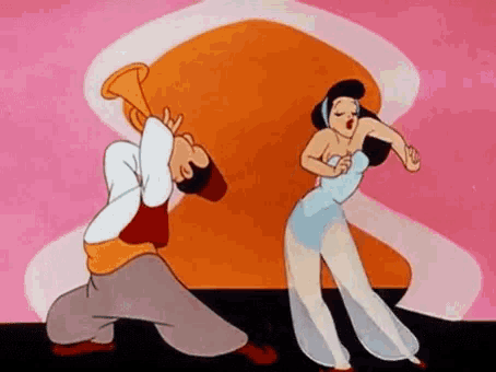 a man is playing a trumpet next to a woman who is dancing .