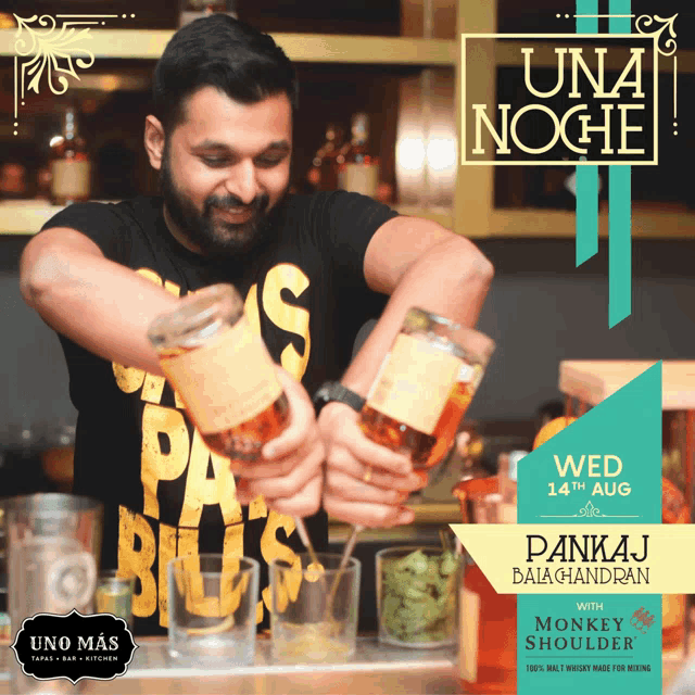 a man pouring a drink with the words una noche wed 14th aug