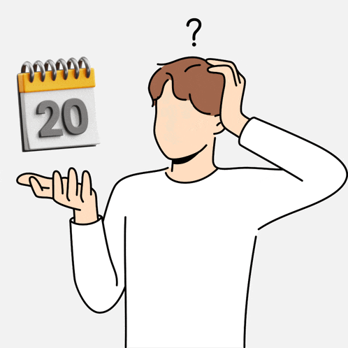 a man scratches his head while looking at a calendar that says 20