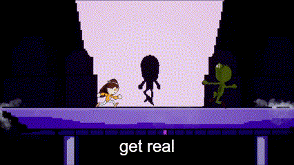 a pixel art of a cartoon character fighting a monster with the words get real below it .