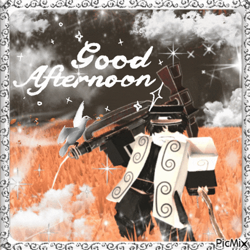 a picture of a man holding a gun with the words good afternoon on it