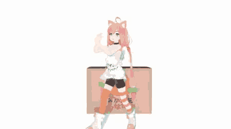 a 3d anime girl with pink hair is sitting on a box .