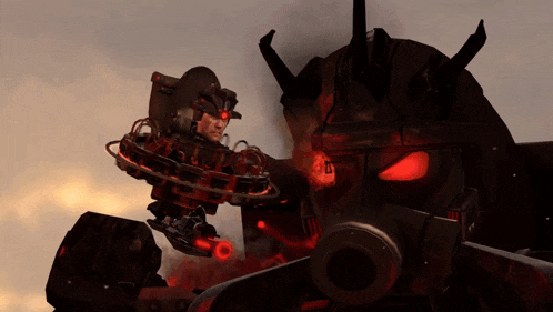 a robot with red eyes and a chain around its head