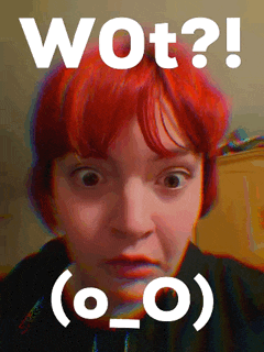 a woman with red hair has a surprised look on her face with the words wot written above her