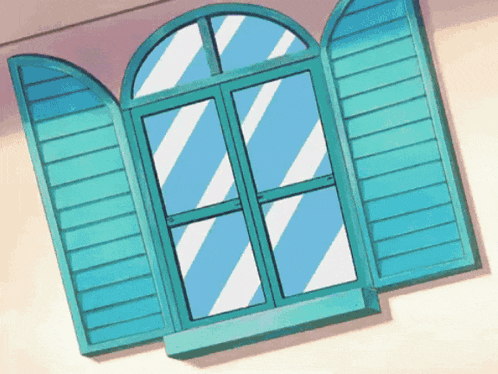 a cartoon window with blue shutters and a blue frame
