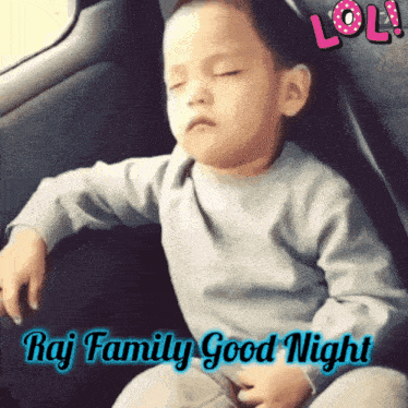 a little boy sleeping in a car with the words raj family good night