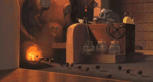 a painting of a room with jars and a clock on the wall that shows the time as 4:20
