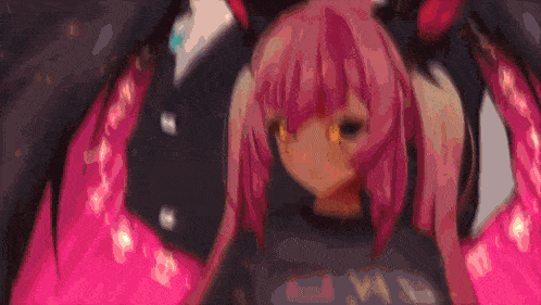 a girl with pink hair is wearing a t-shirt that says ' mc ' on it