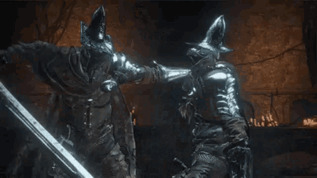 two knights are fighting each other with swords in a video game .