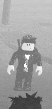 a black and white photo of a roblox character in a foggy room .