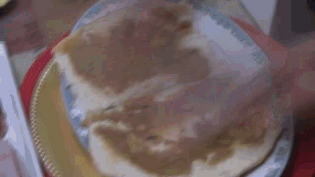 a person is holding a piece of meat on a plate