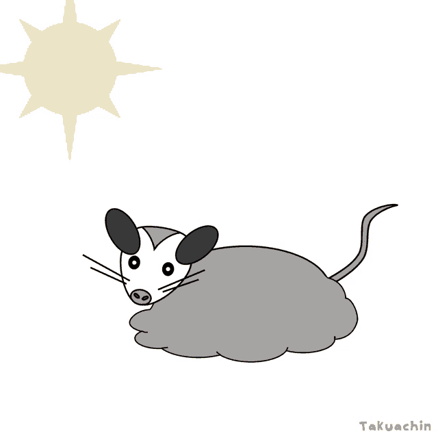 a cartoon of an opossum laying on a cloud with the sun behind it
