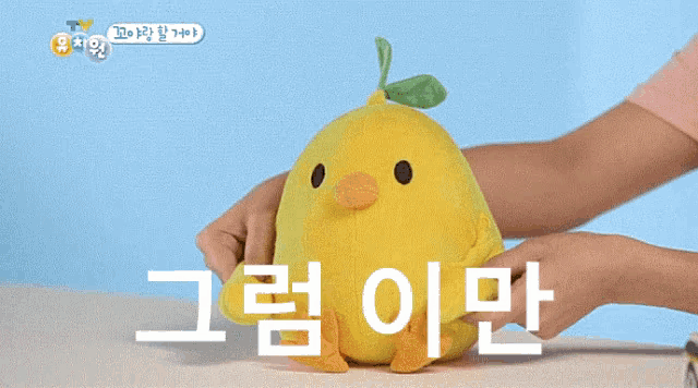 a person is holding a yellow stuffed animal with a green leaf on it