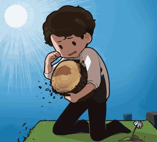 a cartoon of a man kneeling down holding a tree stump with the letters stivnius on the bottom left