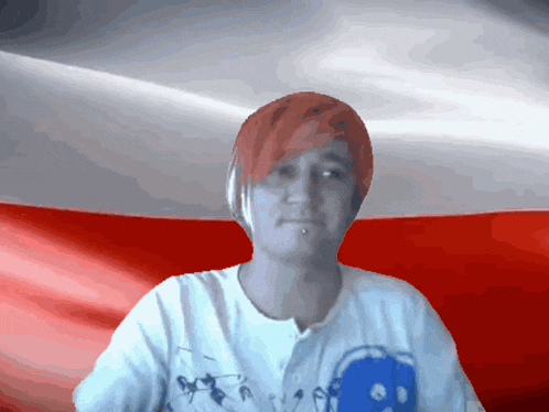 a man with red hair is wearing headphones and a white shirt with the letter a on it