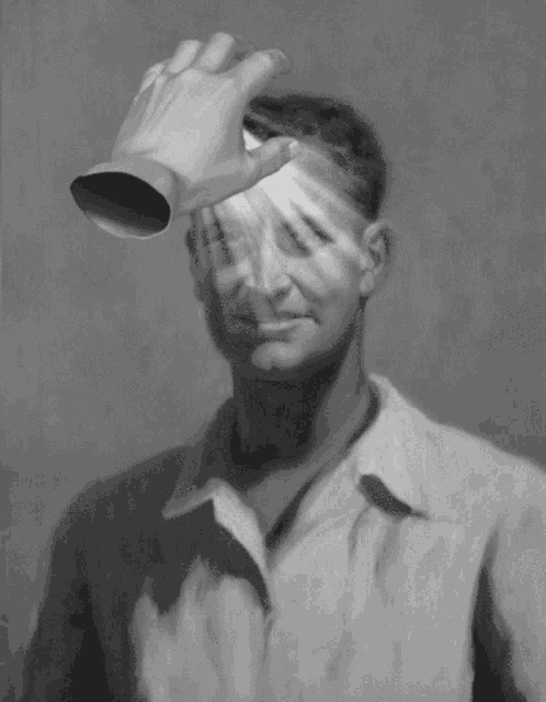 a black and white painting of a man with a hand on his forehead