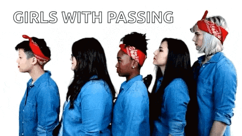 a group of girls standing next to each other with the words girls with passing behind them