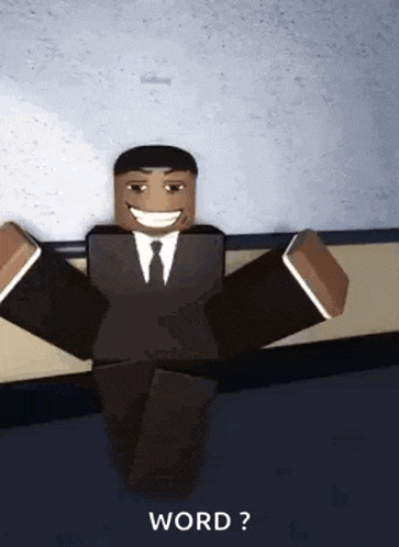 a roblox character in a suit and tie is smiling and sitting on the floor .