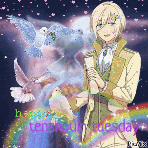 a picture of a man holding a bird with the words happy tenshouin tuesday written on it