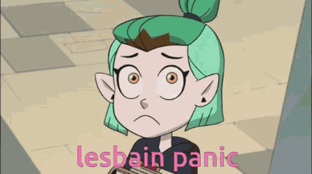 a cartoon girl with green hair is holding a book and the words lesbian panic are above her