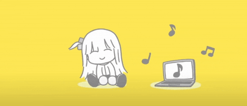 a drawing of a girl sitting next to a laptop with music notes flying around her