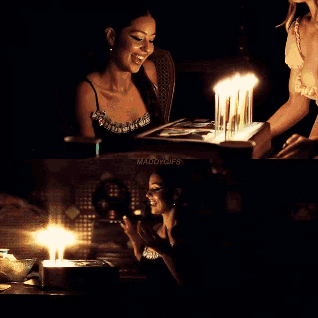 a woman blowing out candles on a birthday cake with maddy gifs written on the bottom