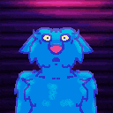 a pixel art of a blue monster with yellow eyes and a pink nose