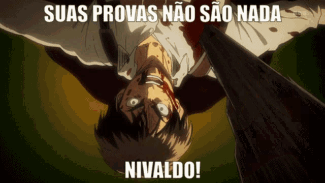 a picture of a man with blood on his face and the words " suas provas não sao nada "