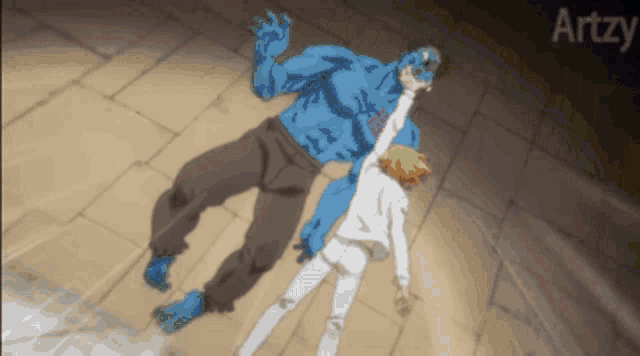a blue monster is laying on the floor next to a person in white