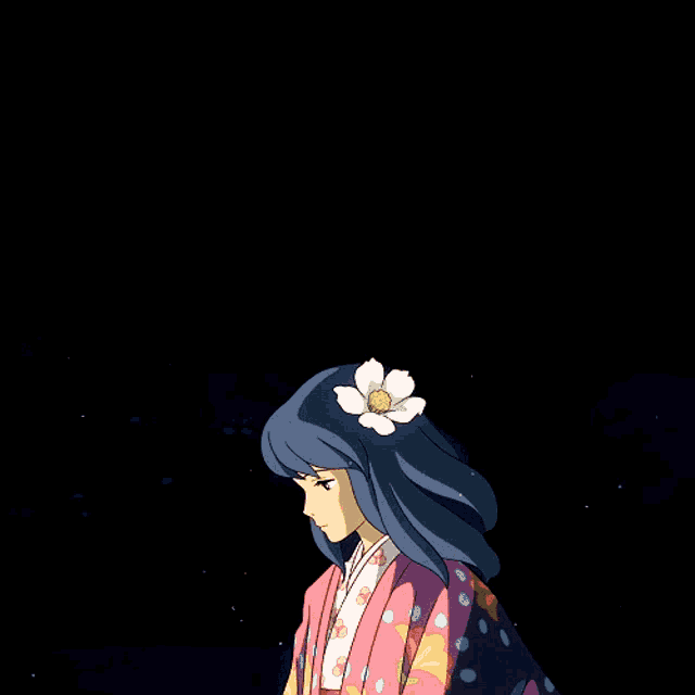 a girl with a flower in her hair is standing in the dark