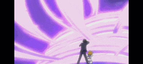 a man and a girl are standing in front of a purple lightning bolt .
