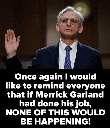a man in a suit and tie holds his hand up in front of a quote about merrick garland