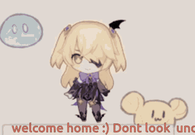 a cartoon of a girl with a bat on her head and the words welcome home