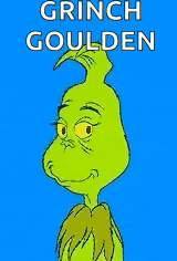 a cartoon of grinch with a blue background and the words `` grinch goulden '' written on it .