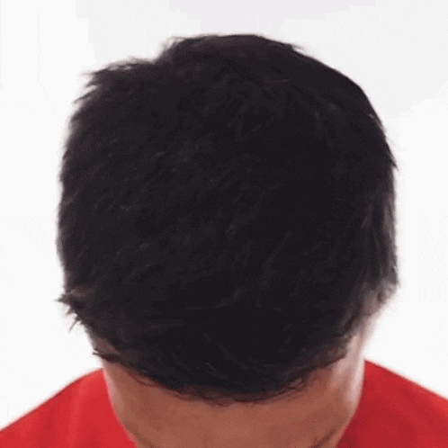 a close up of a man 's head with a red shirt on against a white background .