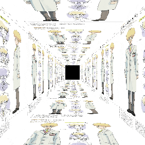 a cartoon of a man in a lab coat walking through a tunnel