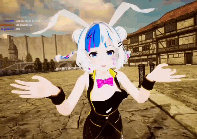 a girl with bunny ears and a bow tie is standing in front of a building in a video game