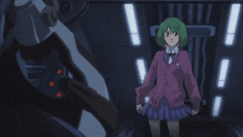 a girl with green hair is wearing a purple sweater and a blue skirt