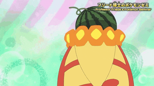 a cartoon character with a watermelon on his head and the words professor friede 's pokemon seminar below him
