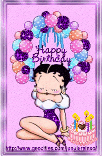 a picture of betty boop with balloons and a birthday cake