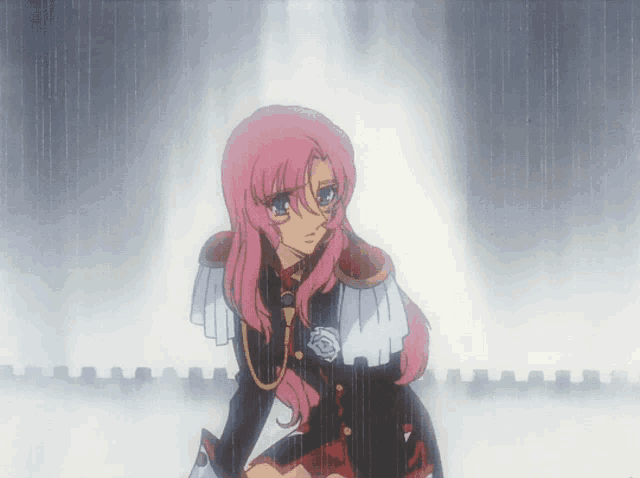 a girl with pink hair and a white rose on her chest