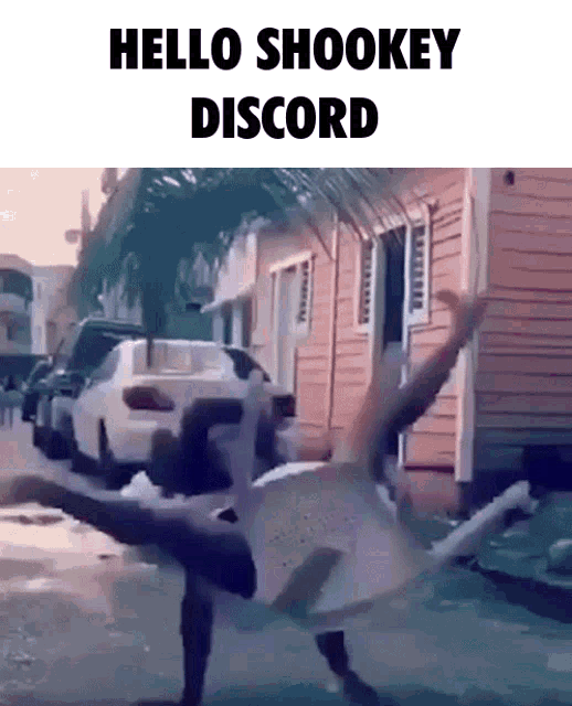 a person is doing a handstand in front of a building with the words hello shookey discord above them