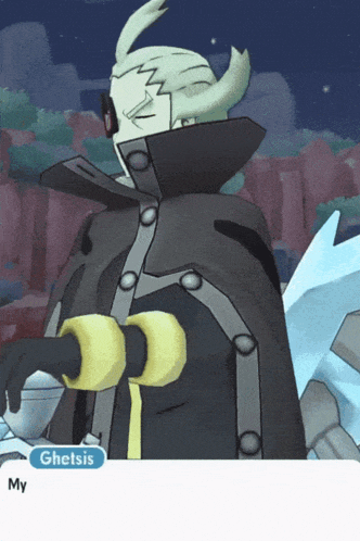 a video game character named ghetsis is standing in front of a mountain